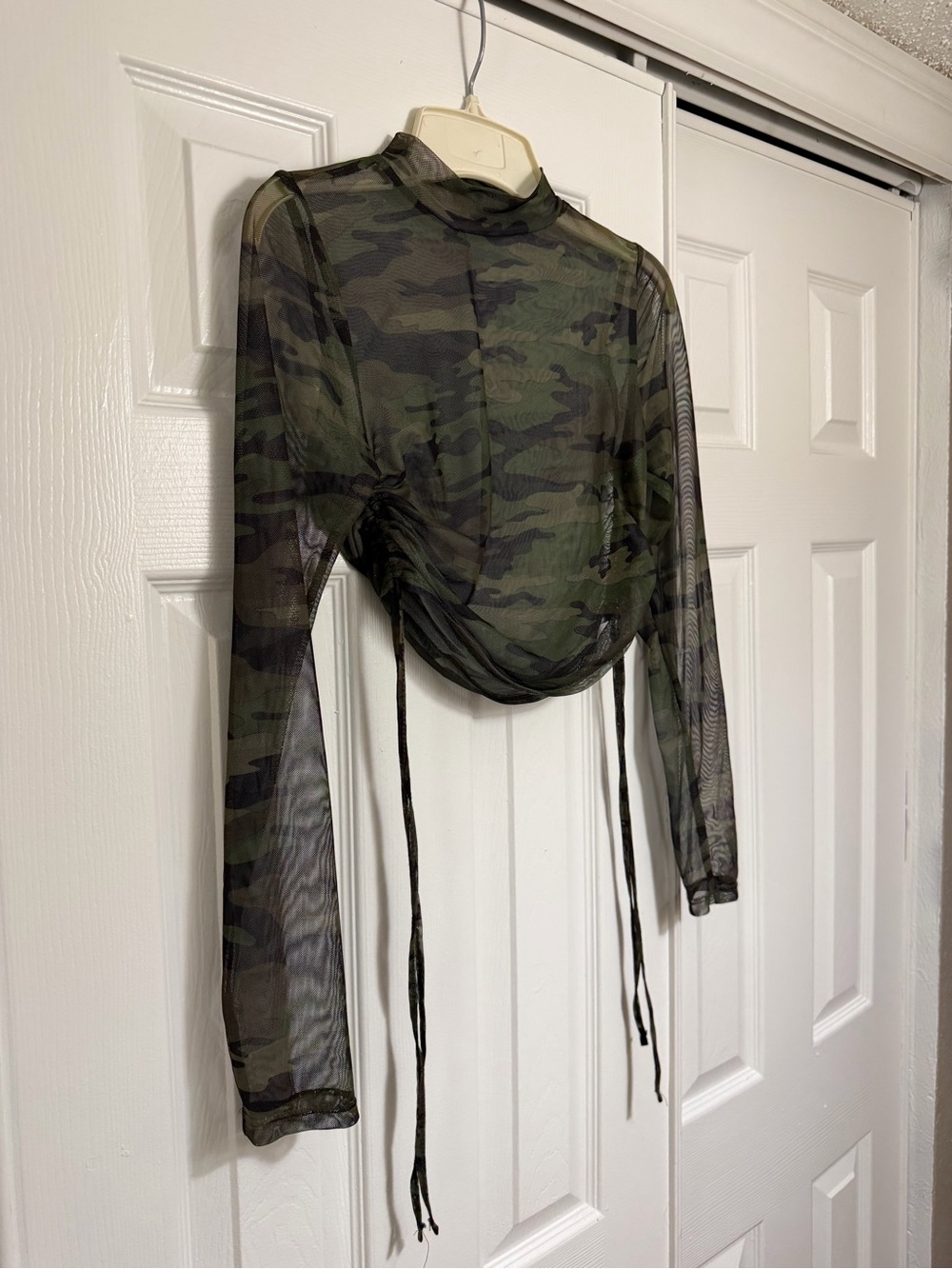 Camo Ruched Mesh Long-Sleeve Crop Top